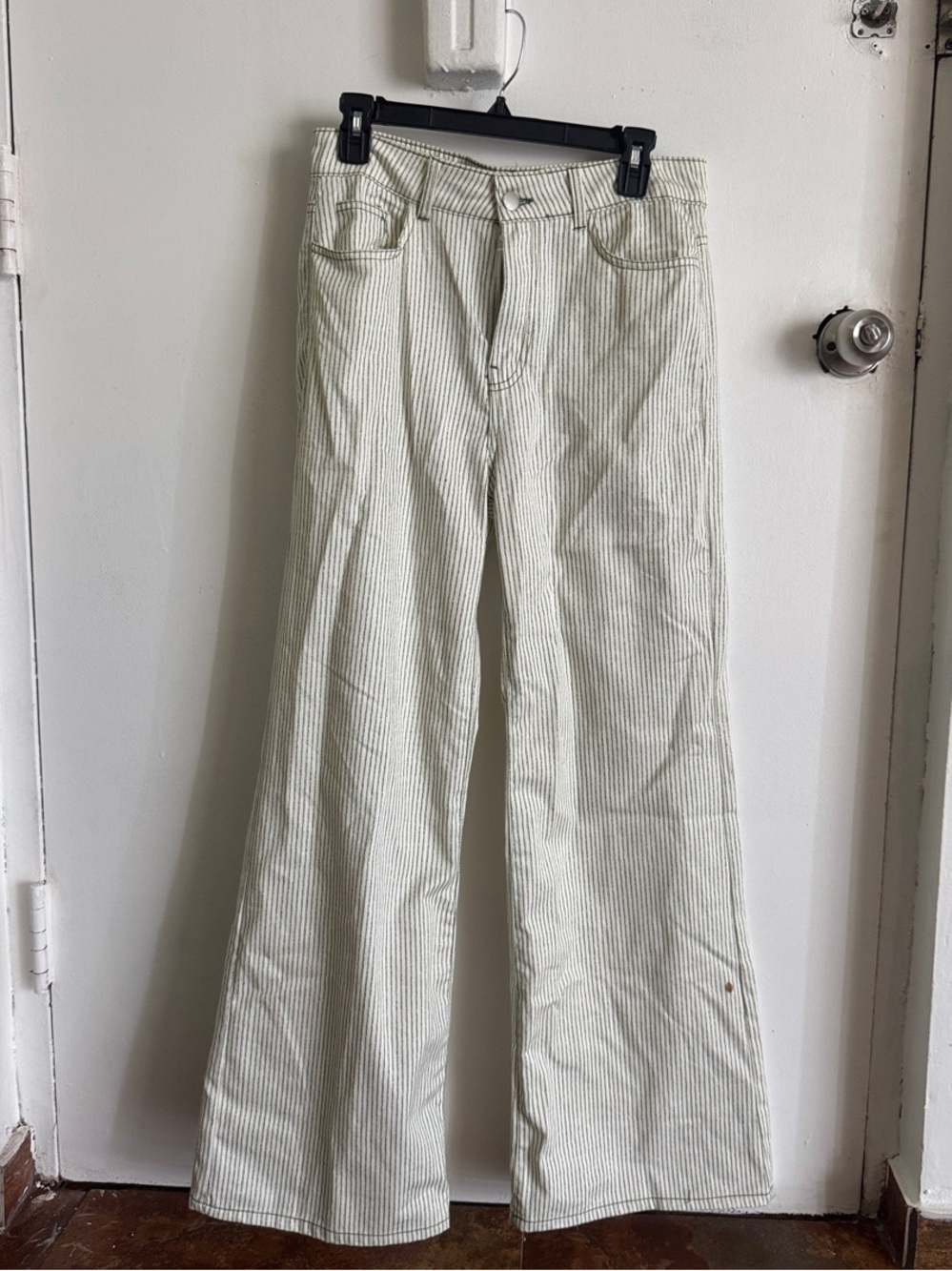 High-Waisted Wide Leg Women's Jeans — Cream/Green Striped